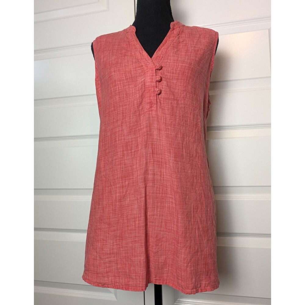 J Jill Size M 100% Linen Blouse Coral Sleeveless V-Neck Knot Button Tunic
